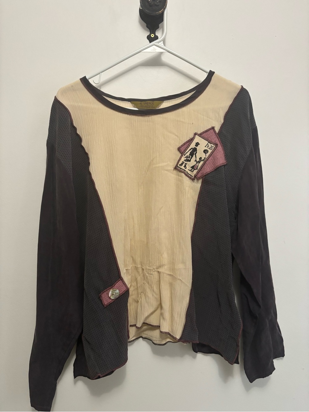 A. Spence Cream Textured Blouse with Dark Trim